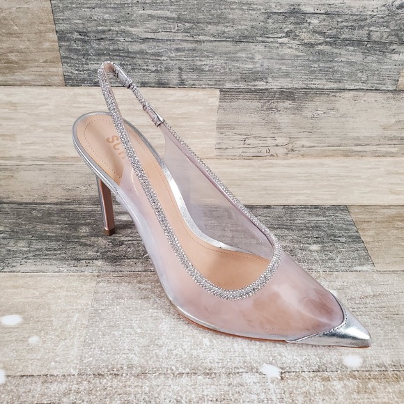 SCHUTZ Shoes - Schutz Audrey Womens Pumps Sz 7.5 B Silver Cristal Leather Slingback High Heels